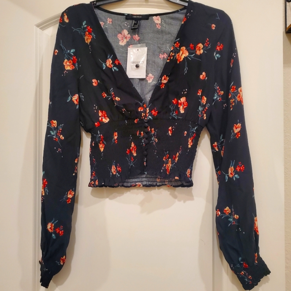 Forever 21 Black Flowers Boho Crop Top